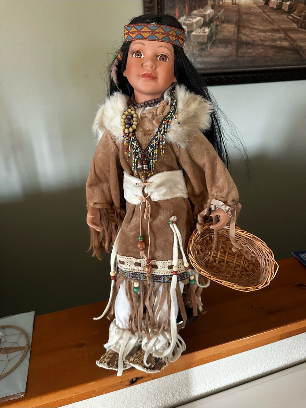 Handcrafted porcelain Native American doll with Basket Accessory